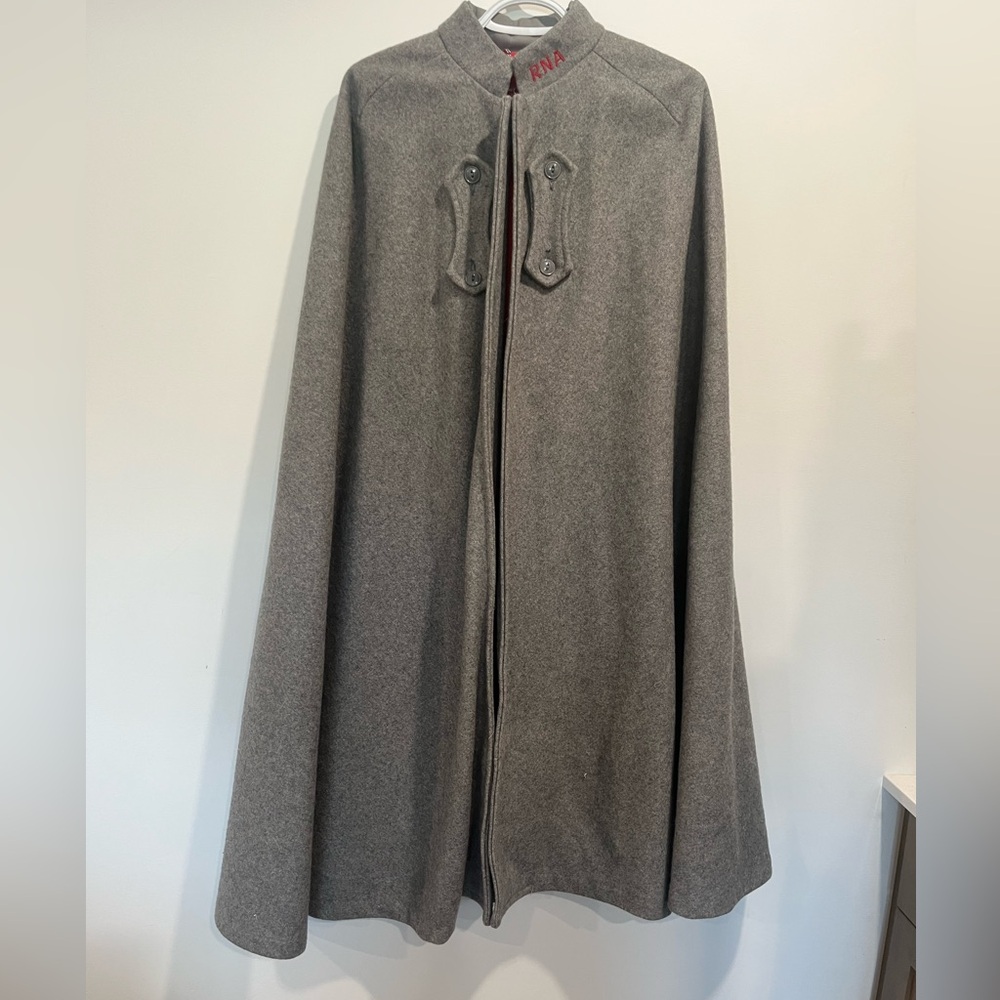 Vintage Mid-Century Grey Wool Nursing Cape with Red RNA Embroidery